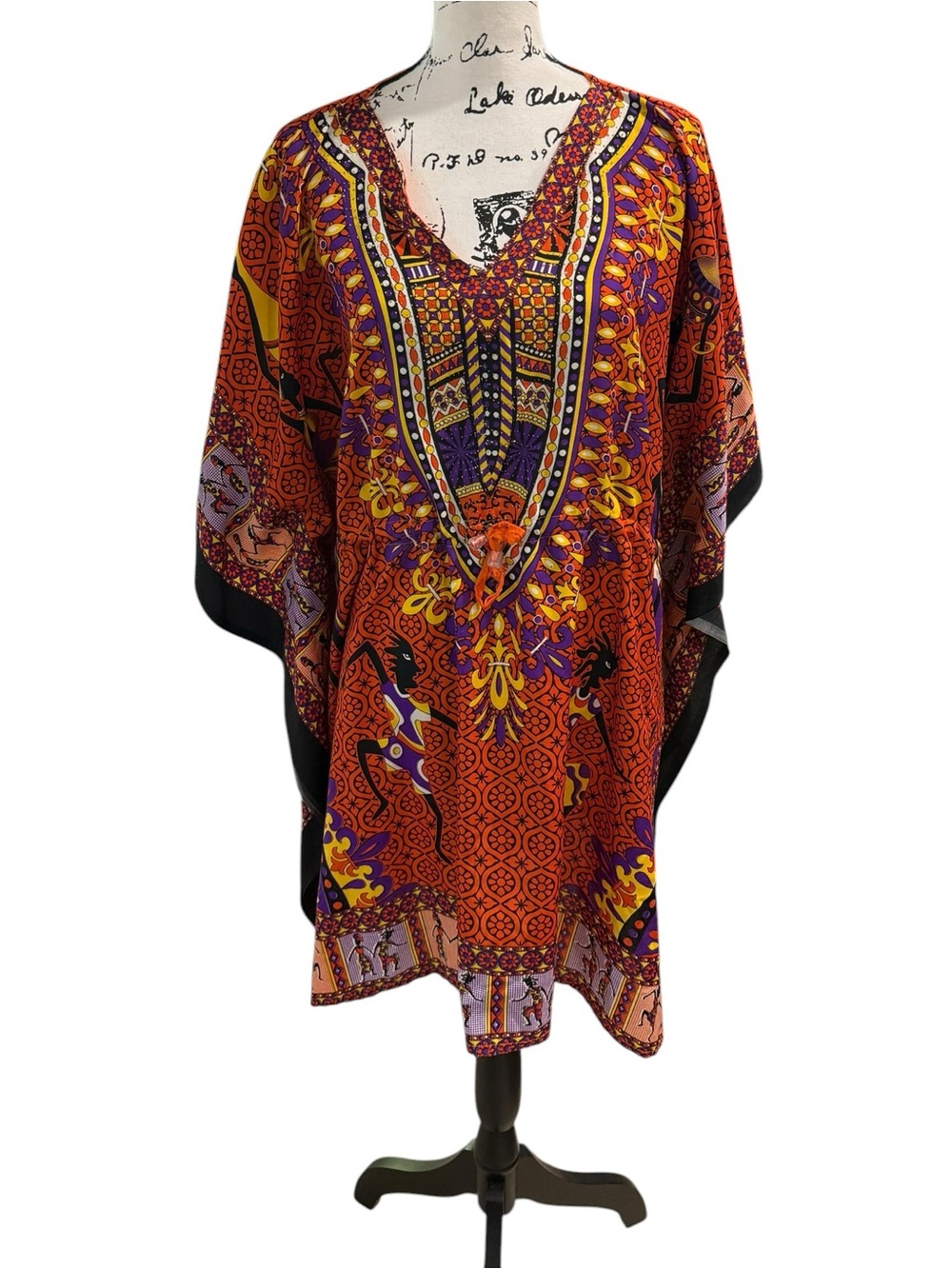 California Woman Dashiki Print Kaftan Tunic orange/purple/black One Size